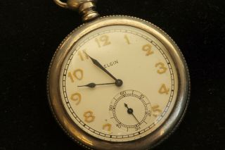 1921 Elgin 17 Jewels Pocket Watch 16s Sterling Silver Case W/ Gold Inlays Huntin