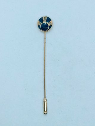 Vintage Gold Tone Navy Blue Enamel Clear Rhinestone Paste Stick Hat Pin Brooch