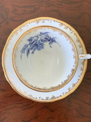 Vintage Aynsley England Tea Cup And Saucer With Blue Roses And Gold Accents