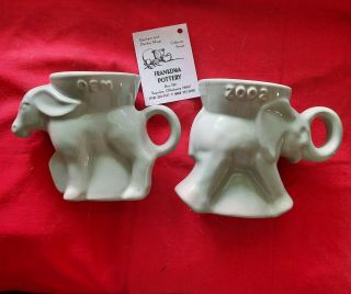 Frankoma Pottery Set Of 2 Political Mugs 2002 Gop Elephant & Dem Donkey Lt Green