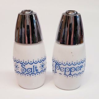 Vintage Westinghouse Milk Glass Salt & Pepper Shakers Cornflower Blue Snowflake