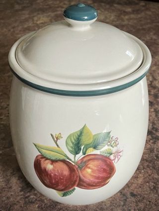 Vintage Apple Decor 2pc Set Canister White W/ Green Rim,  Casuals By China Pearl