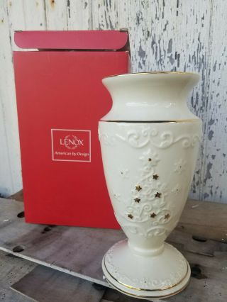 Lenox - Happy Holiday Vase - Christmas Tree Decor Star Urn China Gold Ivory Box
