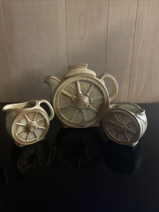 Vintage Frankoma Pottery Wagon Wheel Set Of 3 In 94t