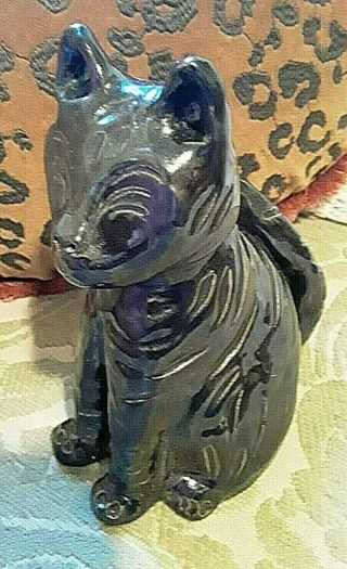 Adorable Vintage Pottery Folk Art Black Brown Kitty Cat Ceramic Handmade Stripes