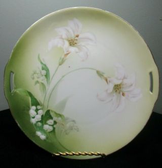 R S Tillowitz Silesia Hand Painted Porcelain Serving Plate Green W/ White Lilies