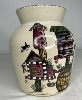 Largest Home And Garden Party Birdhouses Stoneware Jar Canister W/lid 2001 Usa