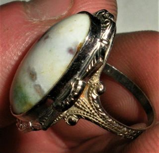 Antique Art Deco White Brown & Green Agate Engagement Sterling Silver Ring Vafo