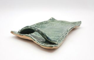 Studio Art Pottery Rectangular Trinket Dish W Handle Relief Of A Leaf Green