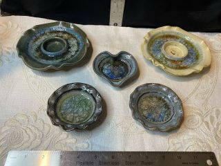 Set Of 5 Studio Art Pottery Trinket Candle Dishes Fused Glass
