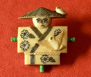 Vintage Carved Bakelite Figural Oriental Figure With Birds Brooch Pin