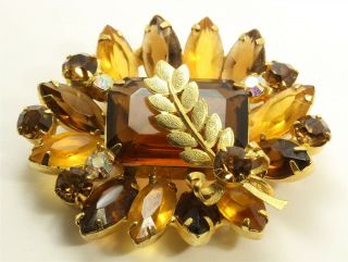 Vintage D&e Juliana Style Amber Topaz Crystal Rhinestone Flower Brooch Pin