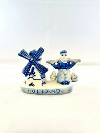 Delft Blue And White Hand Painted Windmill And Boy Figurine Holland Vintage