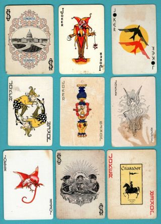 9 Single Swap Playing Cards Old Jokers W Some Problems Vintage