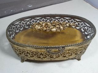 Vintage,  Old Matson Ormolu Gold Filigree Beveled Glass Roses Jewelry Trinket Box