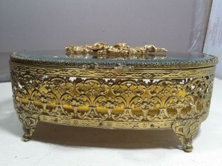 Vintage,  OLD Matson Ormolu Gold Filigree Beveled Glass Roses Jewelry Trinket Box 3