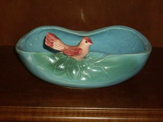 Vintage Mccoy Pottery Aqua Blue Planter Bowl With Bird Figurine