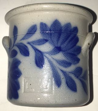 Vintage 1992 Initialed Salmon Falls Stoneware Pottery Crock Planter Blue Leaf