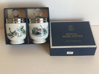 Two Vintage Royal Worcester Porcelain Woodland Birds Wren Egg Coddlers - England
