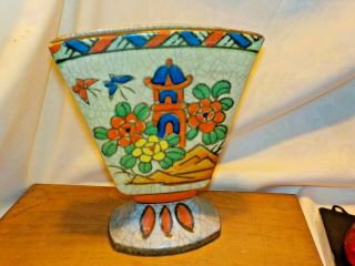 Vtg Raku Pottery Mid Century Black Lines Vase Hand Painted Floral Russian ? 7 "