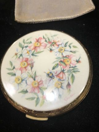 Vintage Stratton England Pink And White Floral Mirror Powder Compact Case