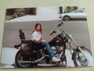 Vintage Photo Girl On Custom Harley Davidson Motorcycle 80s Snapshot