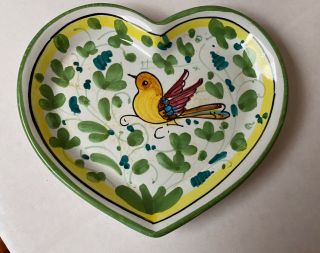 Vintage Sambuco Mario Deruta Italy Hand Painted Bird Heart Shaped Trinket Dish