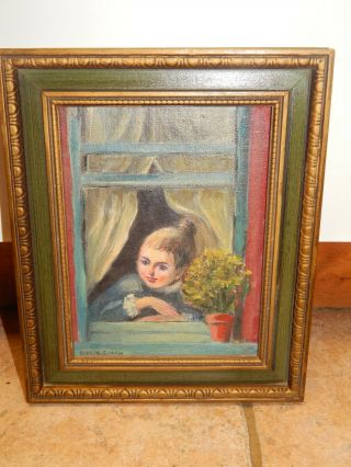Vintage Oil Painting On Board Girl In The Window,  Signed,  Framed