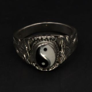 Vtg Sterling Silver Chinese Enamel Yin & Yang Symbol Dragon Ring Size 9.  5 - 6g