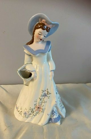 Vintage Florence Ceramic Pasadena Ca.  Lady Figurine With Basket Vase 9 " Tall