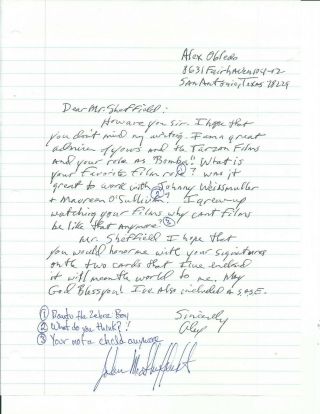 Johnny Sheffield Bomba Tarzan Signed Postscript On Letter D.  2010
