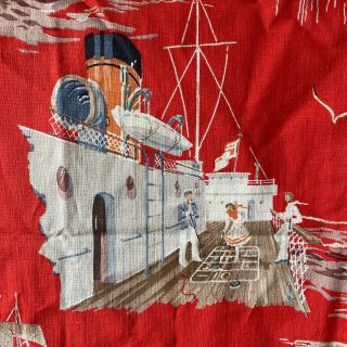 Vintage Red Novelty Print Fabric With Boats - Cotton Nautical - Cruise Ship