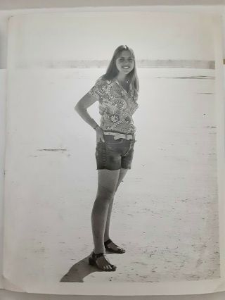 Vintage Old 1972 Photo Of Pretty Girl Trisha At Beach Jean Shorts Paisley Shirt