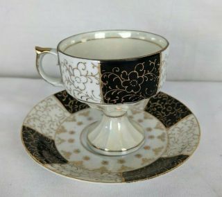 Vintage Bone China Tea Cup & Saucer Royal Crown Numbered Black Gold Iridescent