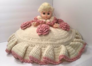 Vintage Hand Crocheted Pink Rose Bed Doll