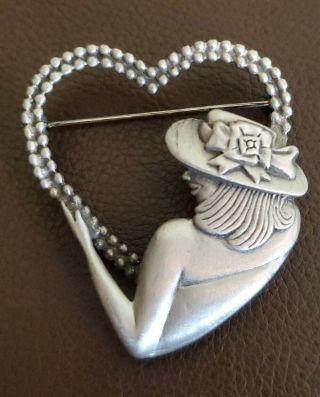 Rare Vintage Signed L (luca) Razza Pewter Lady In Hat Holding A Heart Brooch Pin