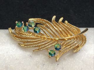 Vintage Signed Lisner Gold Tone Rhinestone Feather Brooch Pin
