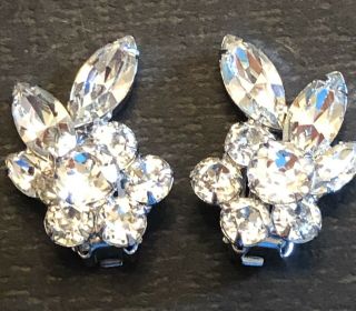 Vintage Signed Weiss Silver Tone Rhinestone Clip - On Earrings Marquis 1 1/4”
