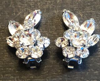Vintage signed Weiss silver tone rhinestone clip - on earrings marquis 1 1/4” 2
