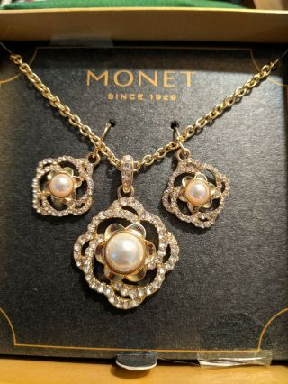 Vintage Monet Signed Faux Pearl & Pave Rhinestone Flower Necklace Earring Set.