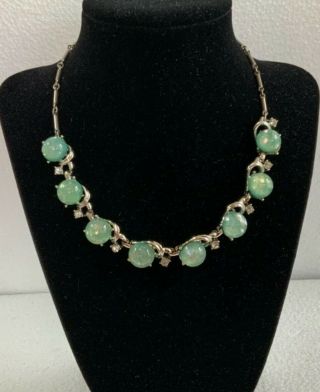 Vintage Coro Necklace Rhinestones And Light Green/blue Glass Signed