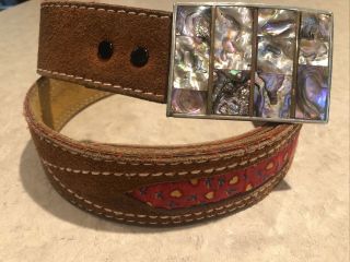 Men ' s Vtg Leather Belt Mother Of Pearl Inlay Buckle Trucker Hippie Style Size 42 3