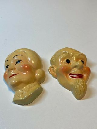 Vintage Chalkware Old Man And Woman Wall Hangings With Hooks