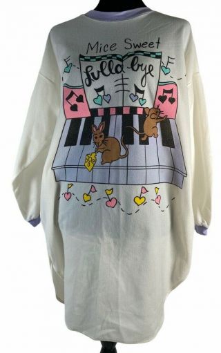 Vintage Nightgown Night Time Creations Mice Piano Music White L/s Graphic Front