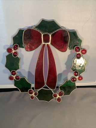Vintage Hanging Stained Glass Christmas Wreath,  Green With Red Bow And Holly.
