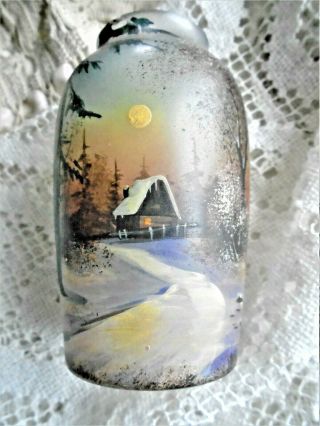 Antique Glass Miniature Vase Hand Painted Night Snow Home Moon Trees Frosted 4 "