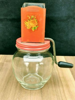 Vintage Nut Chopper Grinder Anchor Hocking Glass Jar Red Metal Lid With Flowers