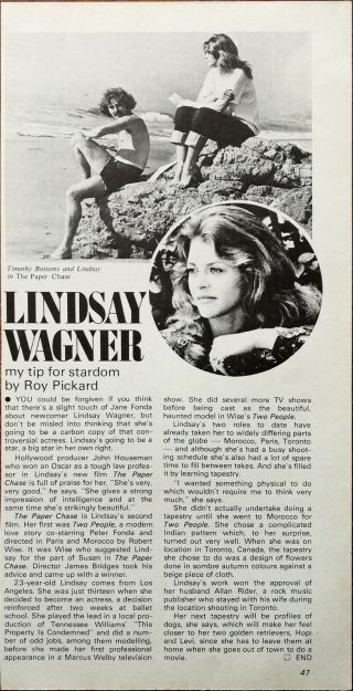 Lindsay Wagner My Tip For Stardom Vintage Film Article 1974