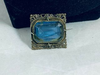 Vtg.  Marked Art Nouveau Blue Rhinestone Gold Tone/plated Brooch