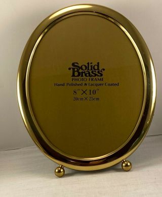 Vintage Solid Brass Oval Picture Frame Velvet Easel Back Ball Feet 8”x10”
